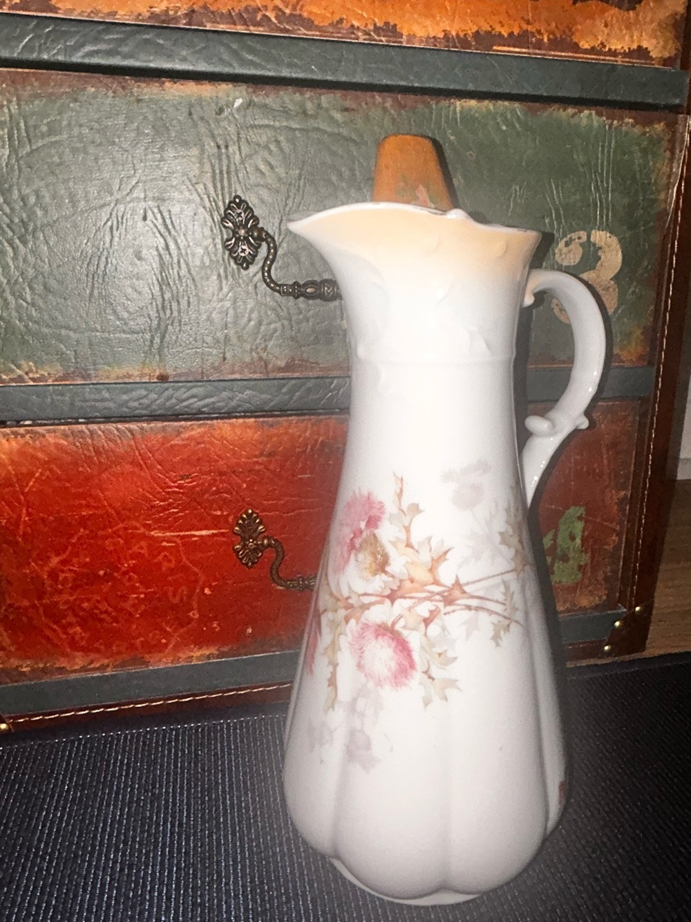Antique White Floral Ceramic Pitcher - Elegant Home Art Accent